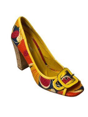 Anne Michelle Multicolor Peep-Toe Heels With Yellow Buckle & Cork Heel
